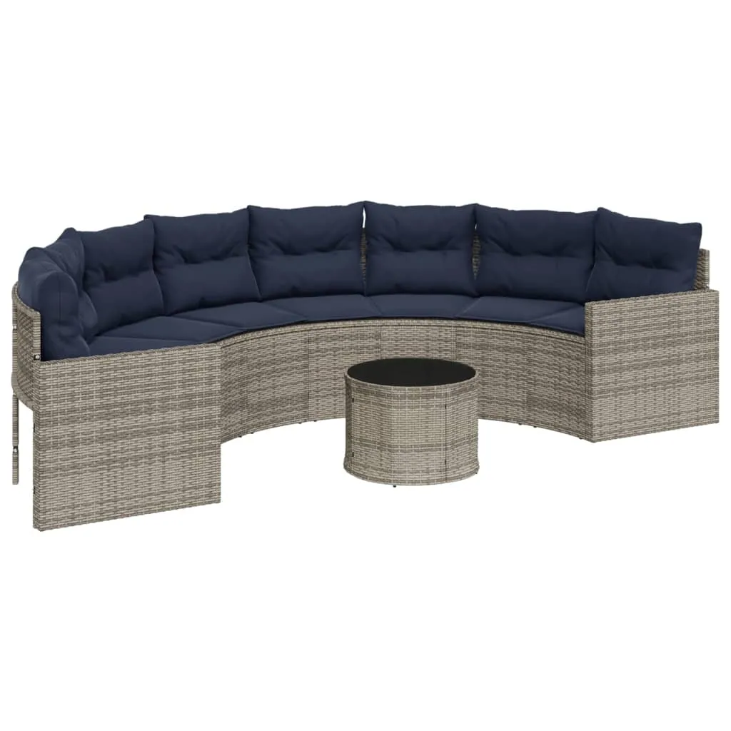 Patio Sofa with Table and Cushions Half-Round Gray Poly Rattan