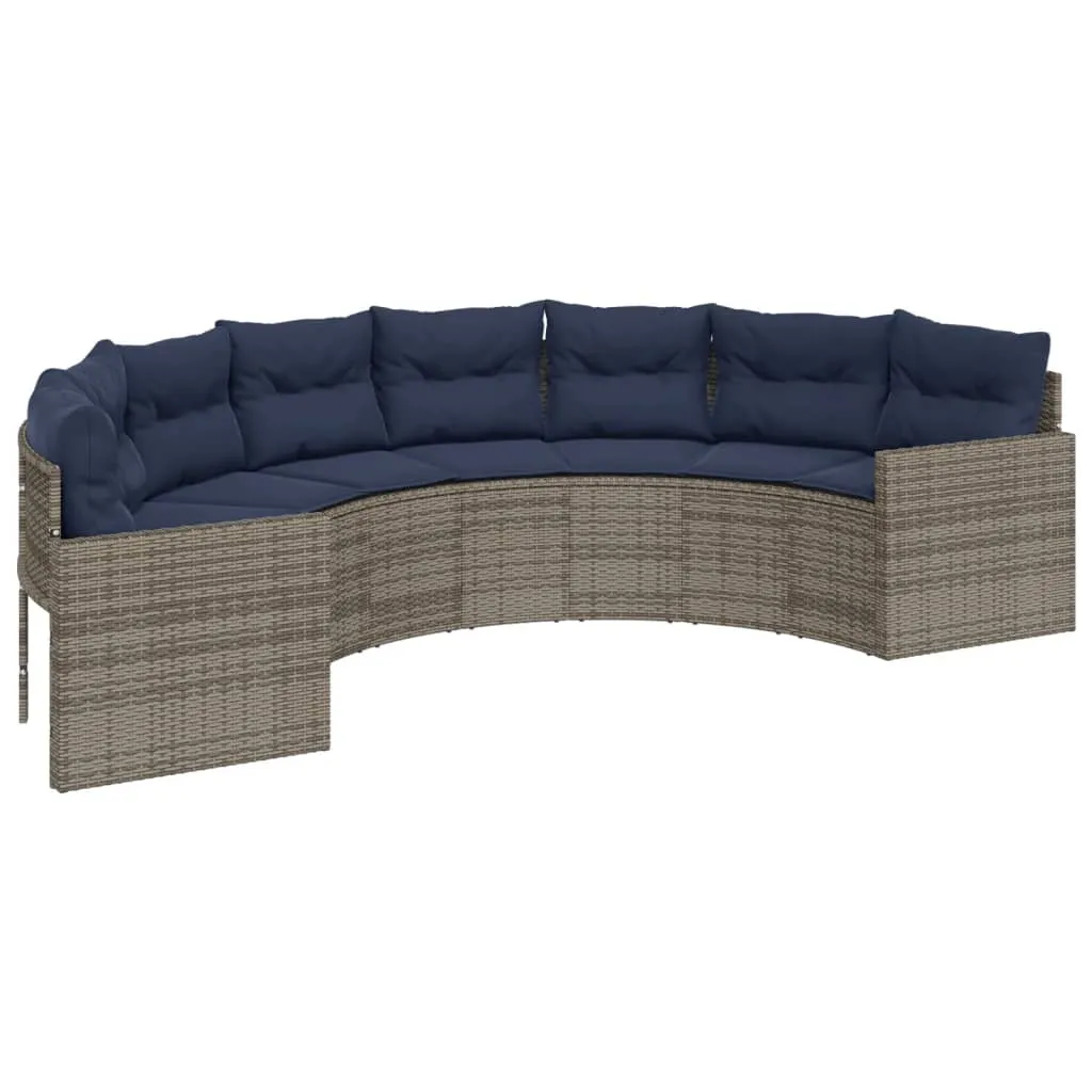 Patio Sofa with Table and Cushions Half-Round Gray Poly Rattan