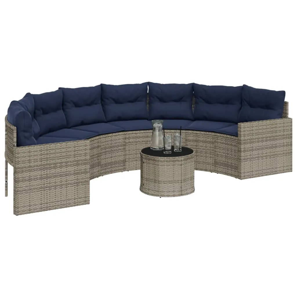 Patio Sofa with Table and Cushions Half-Round Gray Poly Rattan