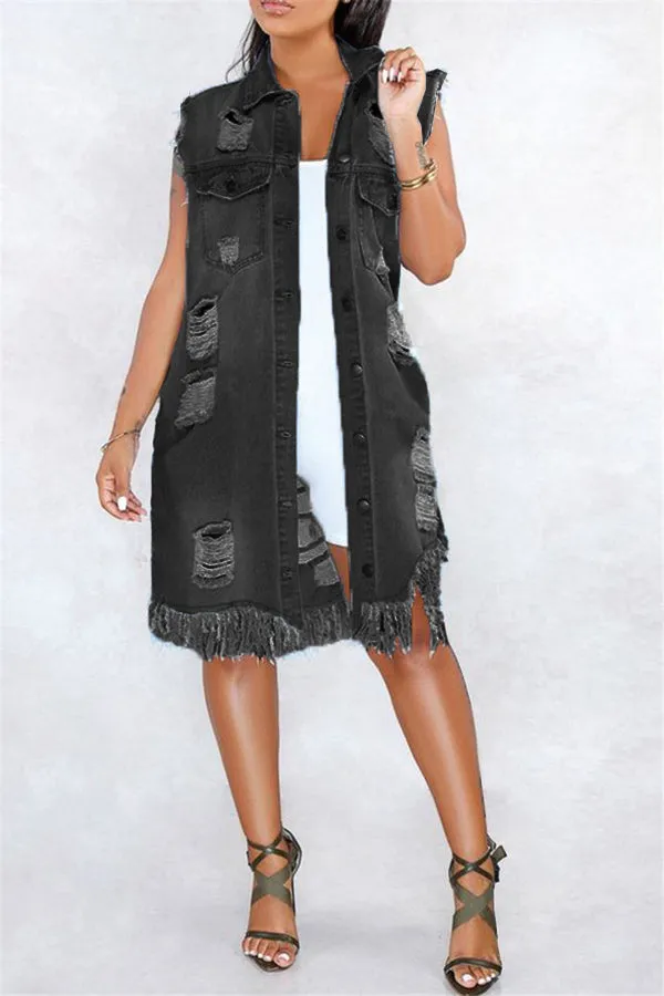 Stylish Ripped Fringe Denim Jacket