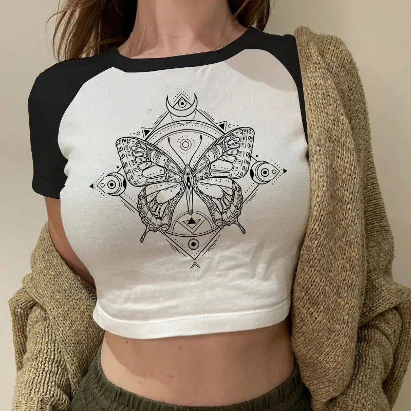 Trendy Y2K Aesthetic Floral Crop Top - Sexy Gothic Short Sleeve Tee for Women, Perfect Harajuku Summer Party Wear